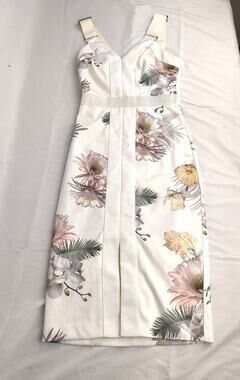 Ted Baker London Ivory Tropical Floral Sheath Dress Buckle Straps Size 0